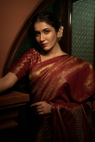 Venetian Red Golden Zari Kanjeevaram Silk Saree