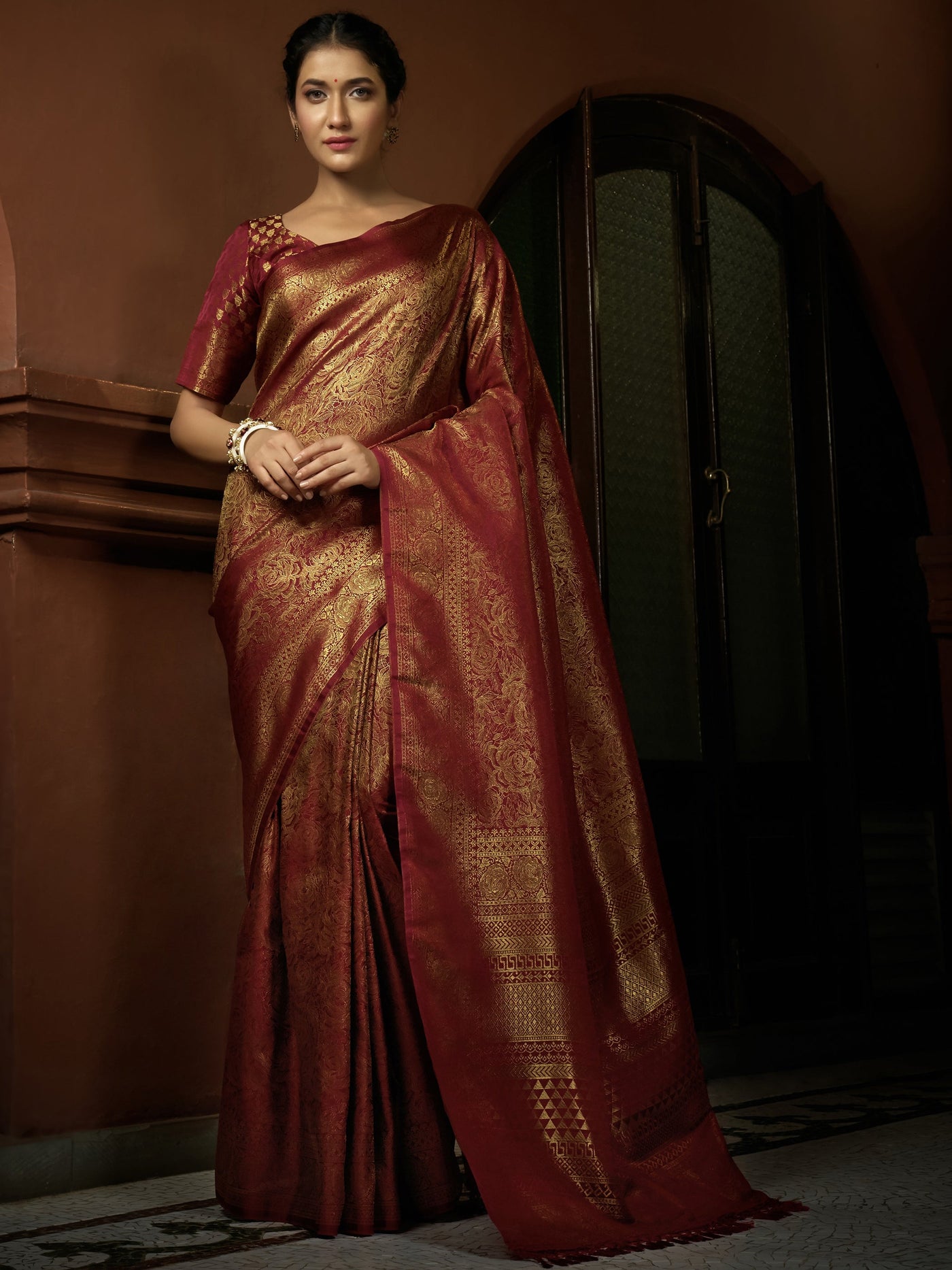 Dark Red Golden Zari Weaving Work Banarasi Soft Silk Saree