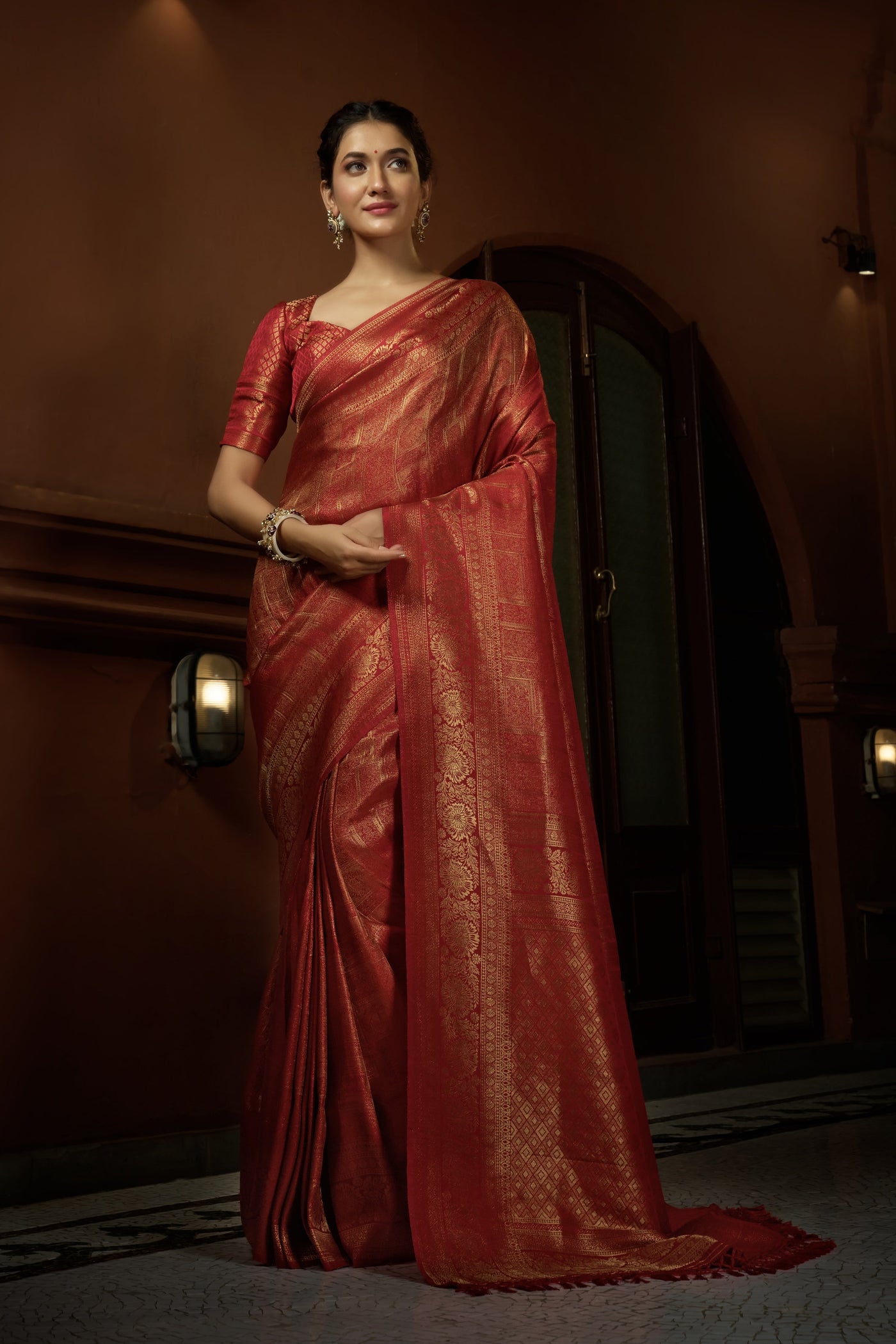 Scarlet Red Golden Zari Kanjeevaram Silk Saree