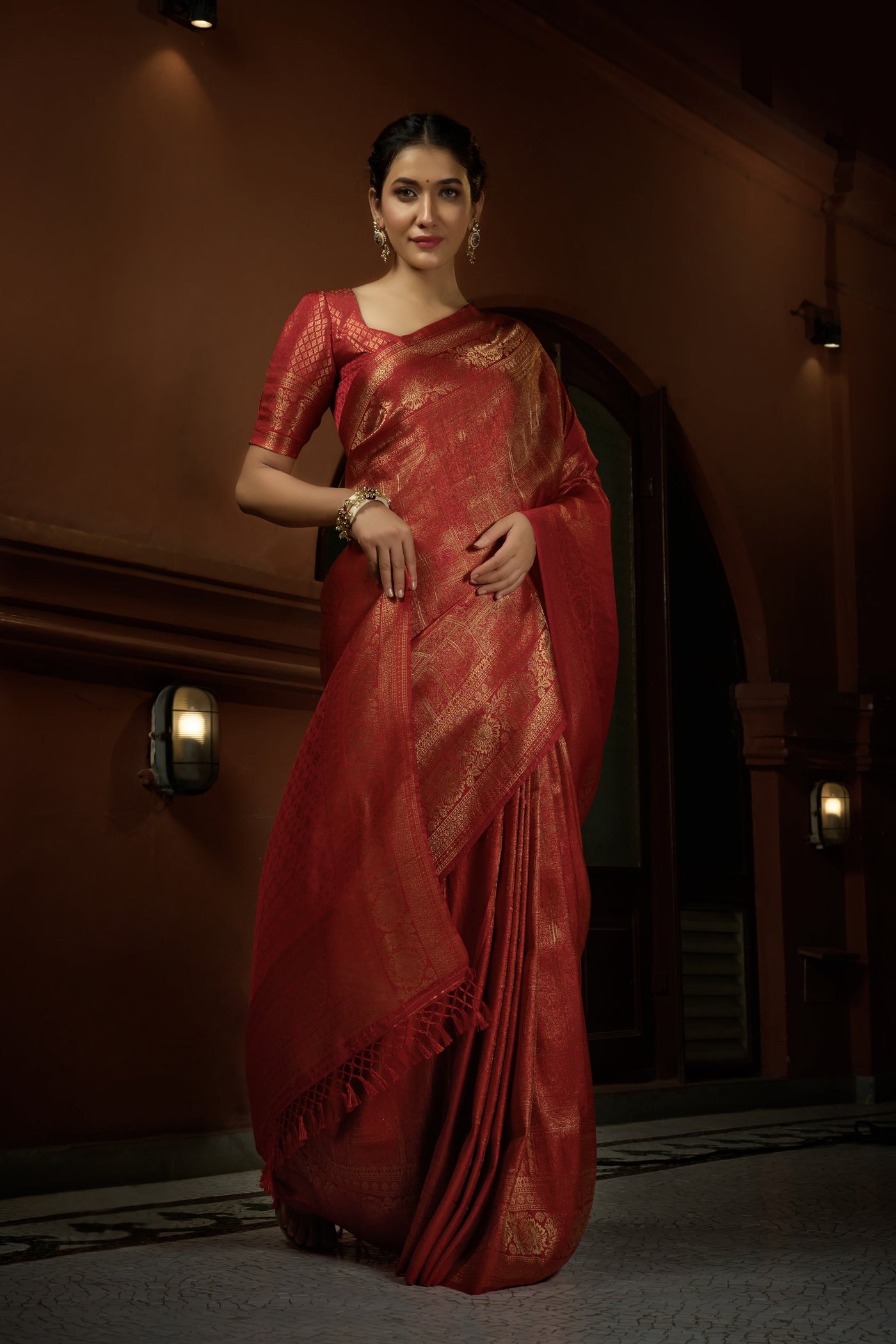 Scarlet Red Golden Zari Kanjeevaram Silk Saree