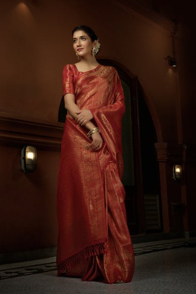 Scarlet Red Golden Zari Kanjeevaram Silk Saree