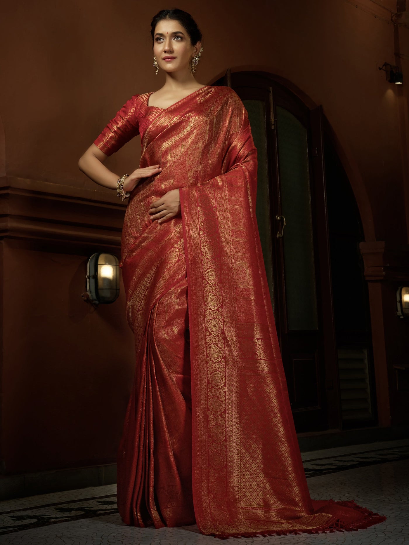 Scarlet Red Golden Zari Kanjeevaram Silk Saree