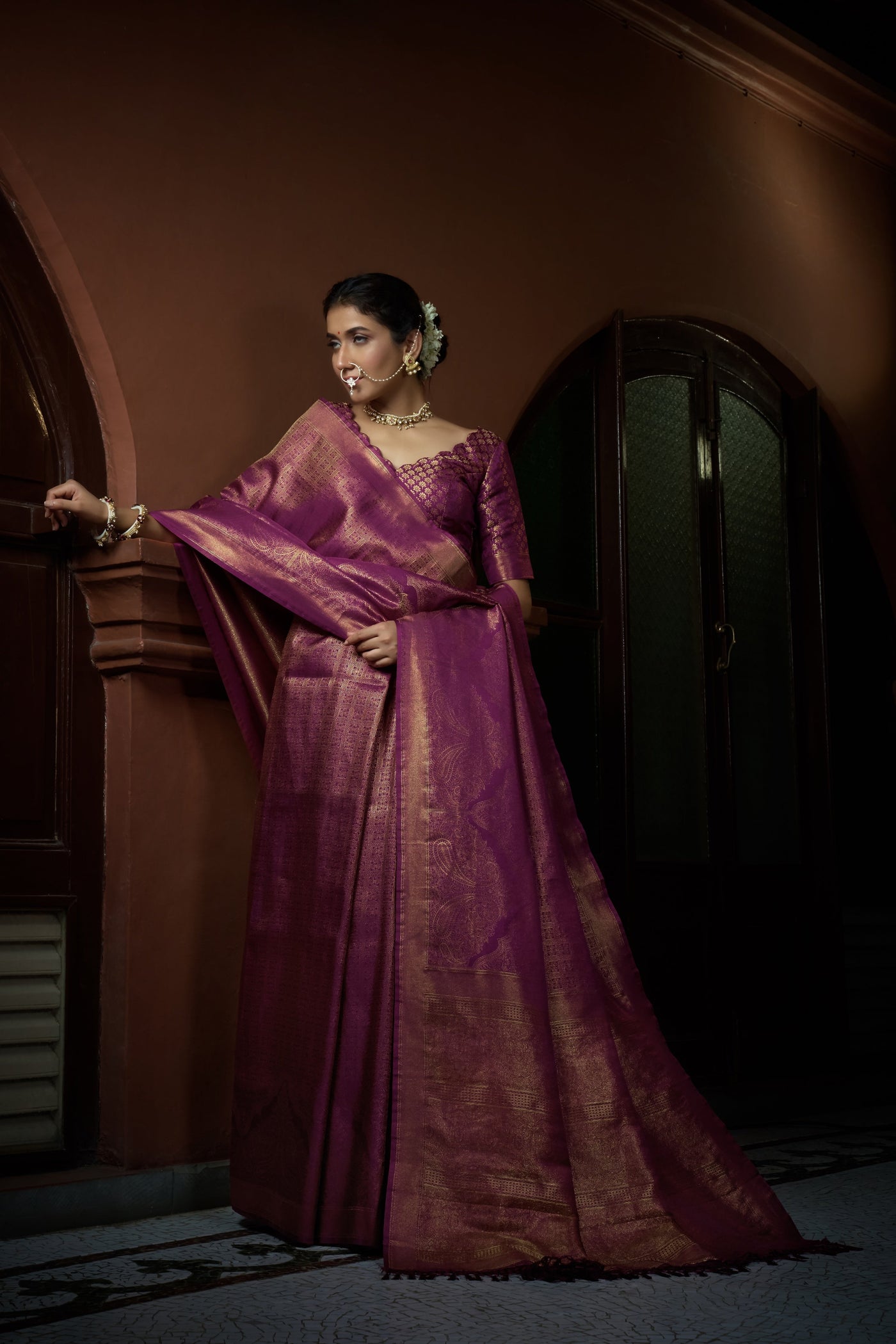 Tyrian Purple Golden Zari Kanjeevaram Silk Saree