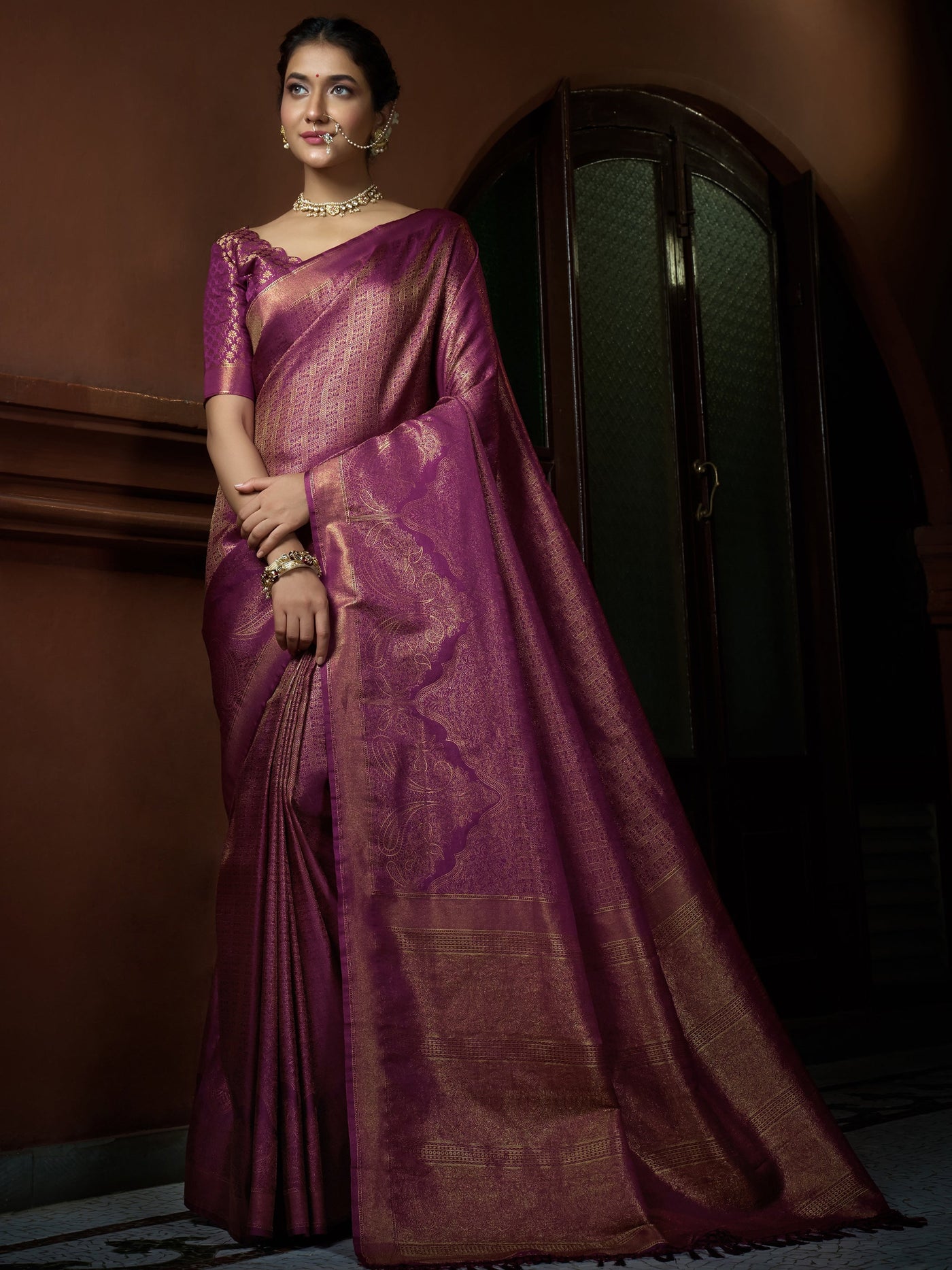 Tyrian Purple Golden Zari Kanjeevaram Silk Saree