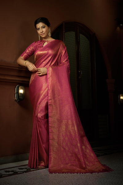 Deep Pink Golden Zari Kanjeevaram Silk Saree - House of Vardha