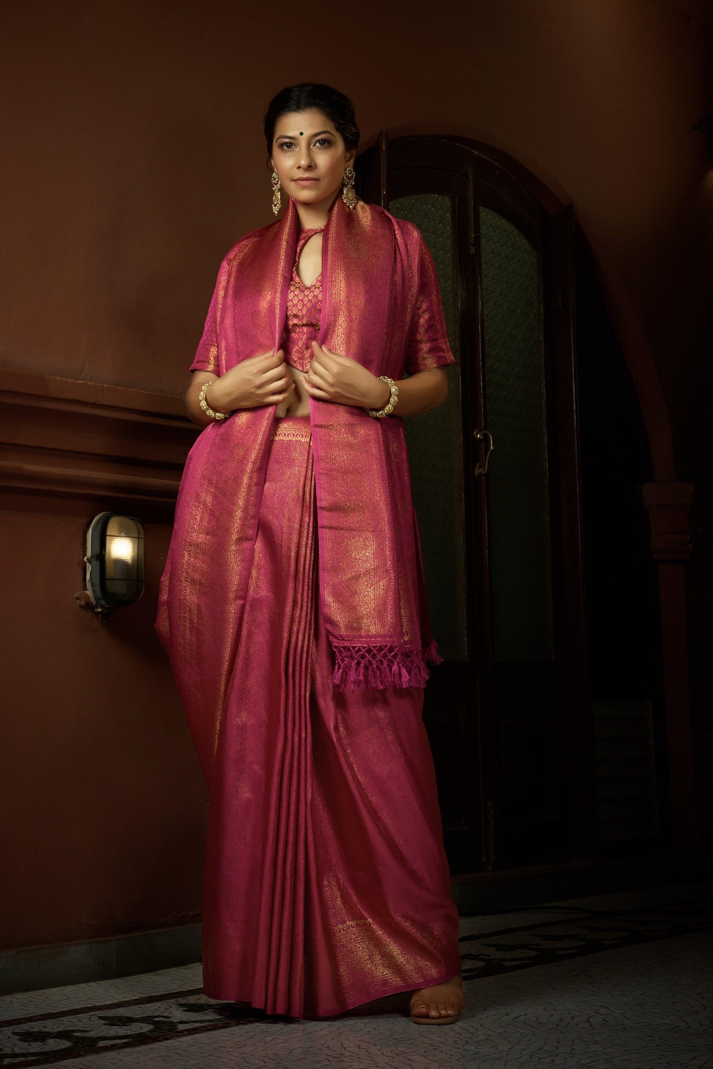 Deep Pink Golden Zari Kanjeevaram Silk Saree - House of Vardha