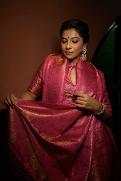 Deep Pink Golden Zari Kanjeevaram Silk Saree - House of Vardha