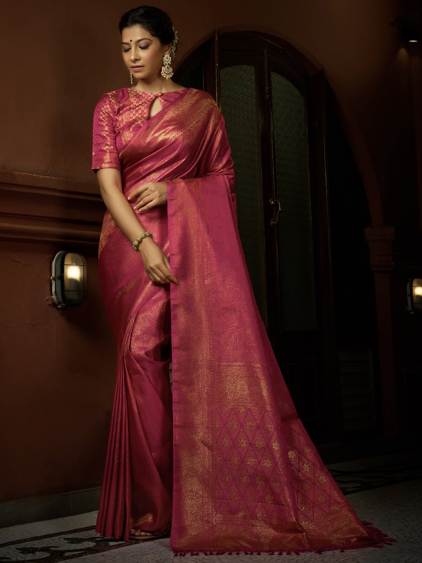 Deep Pink Golden Zari Kanjeevaram Silk Saree - House of Vardha