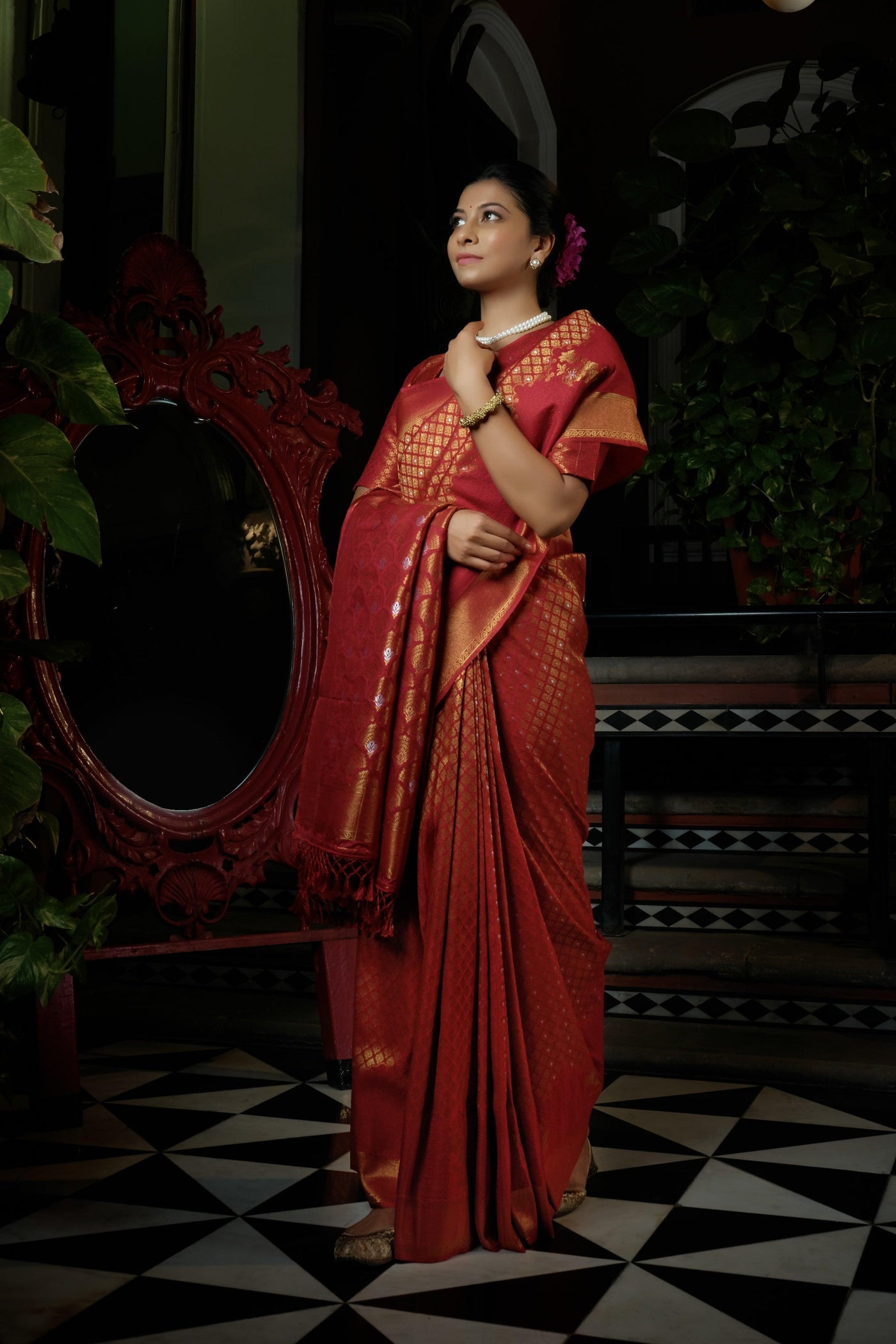 Candy Apple Red Copper-Silver Zari Kanjeevaram Silk Saree - House of Vardha