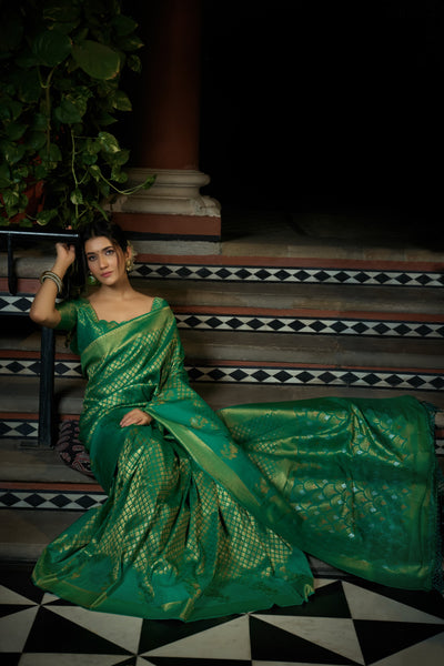 Emerald Green Copper-Silver Zari Kanjeevaram Silk Saree