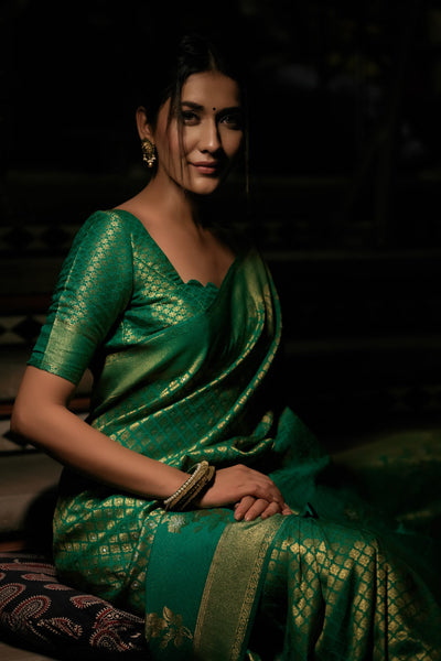 Emerald Green Copper-Silver Zari Kanjeevaram Silk Saree