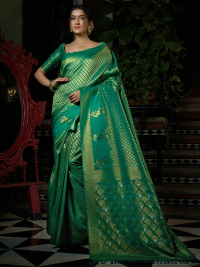 Emerald Green Copper-Silver Zari Kanjeevaram Silk Saree