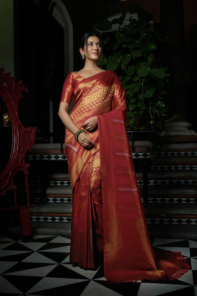 Crimson Red Copper-Silver Zari Kanjeevaram Silk Saree - House of Vardha