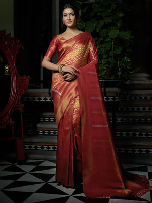 Crimson Red Copper-Silver Zari Kanjeevaram Silk Saree - House of Vardha