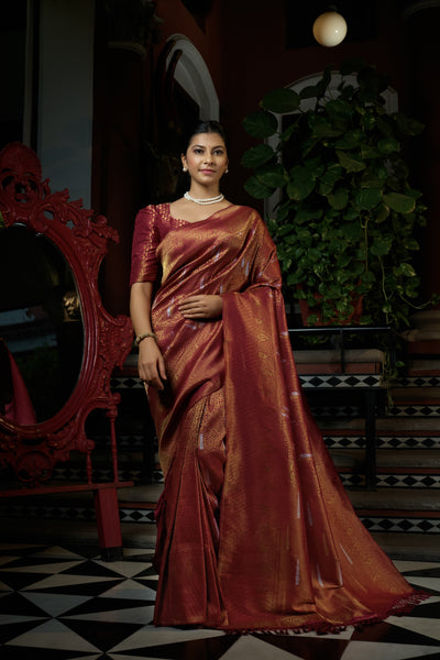 Sanguine Maroon Red Copper-Silver Zari Royal Kanjeevaram Silk Saree | House of Vardha