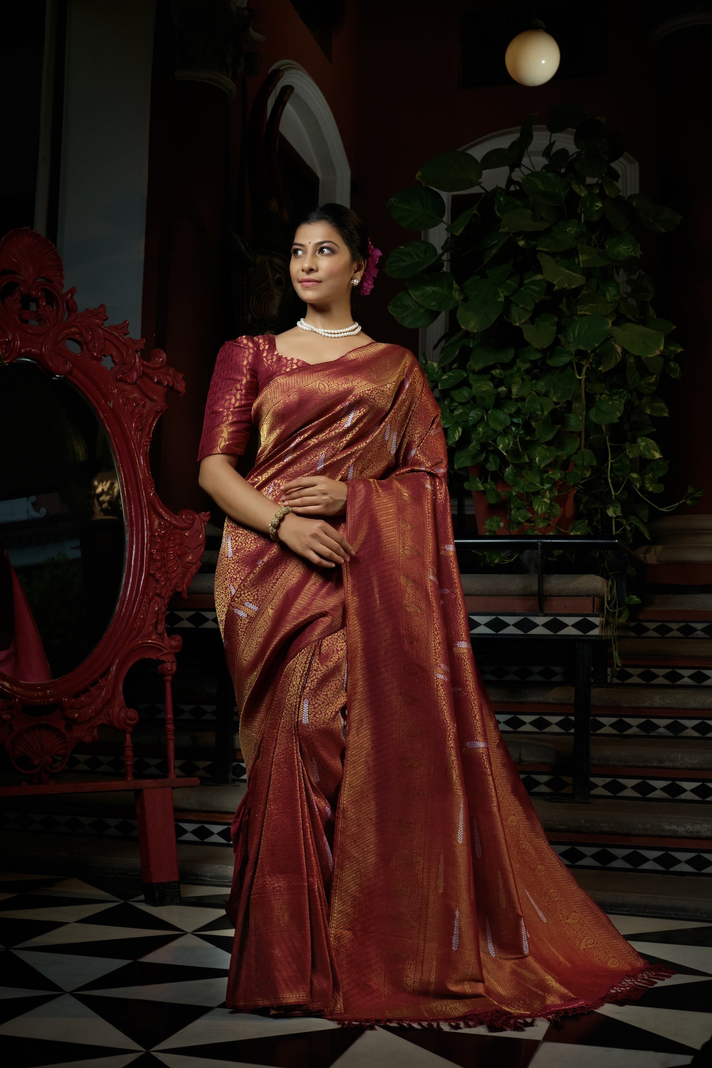 Sanguine Maroon Red Copper-Silver Zari Royal Kanjeevaram Silk Saree | House of Vardha