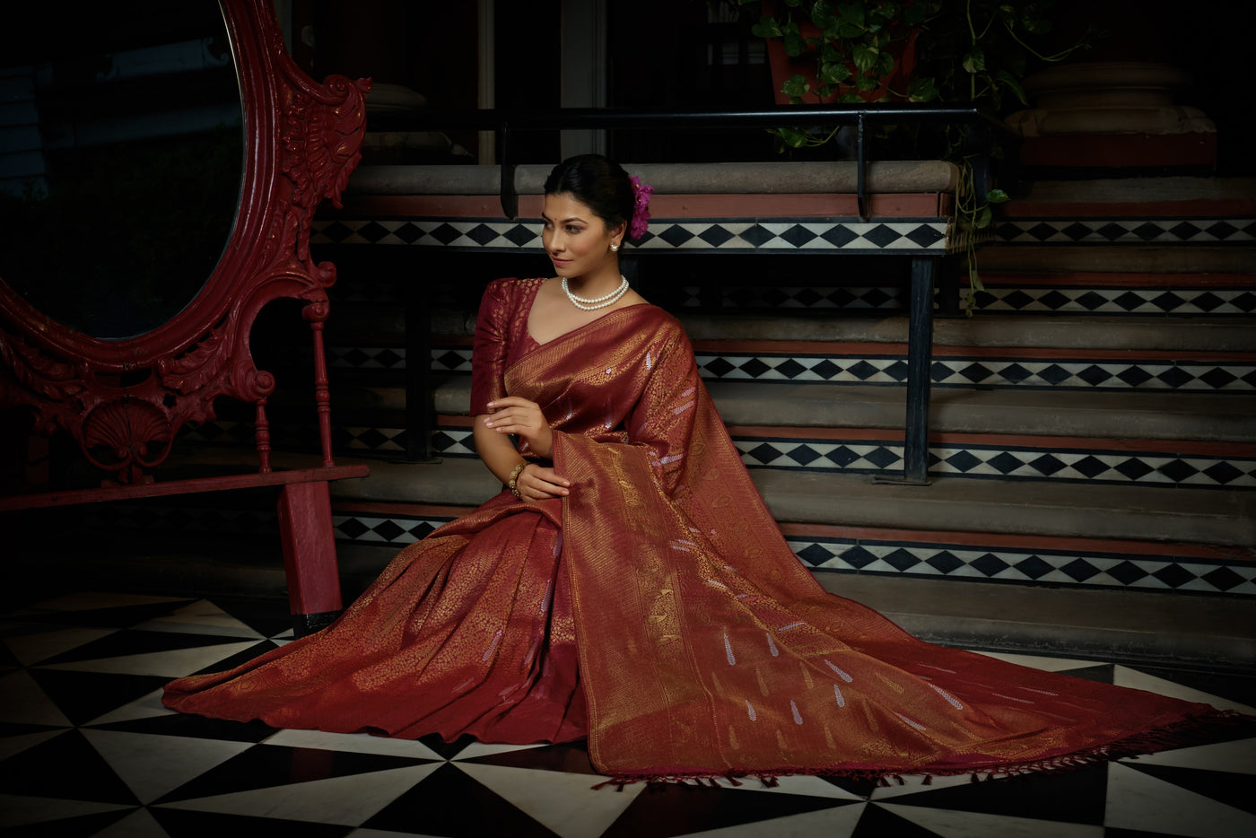 Sanguine Maroon Red Copper-Silver Zari Royal Kanjeevaram Silk Saree | House of Vardha