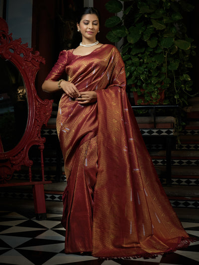 Sanguine Maroon Red Copper-Silver Zari Royal Kanjeevaram Silk Saree | House of Vardha