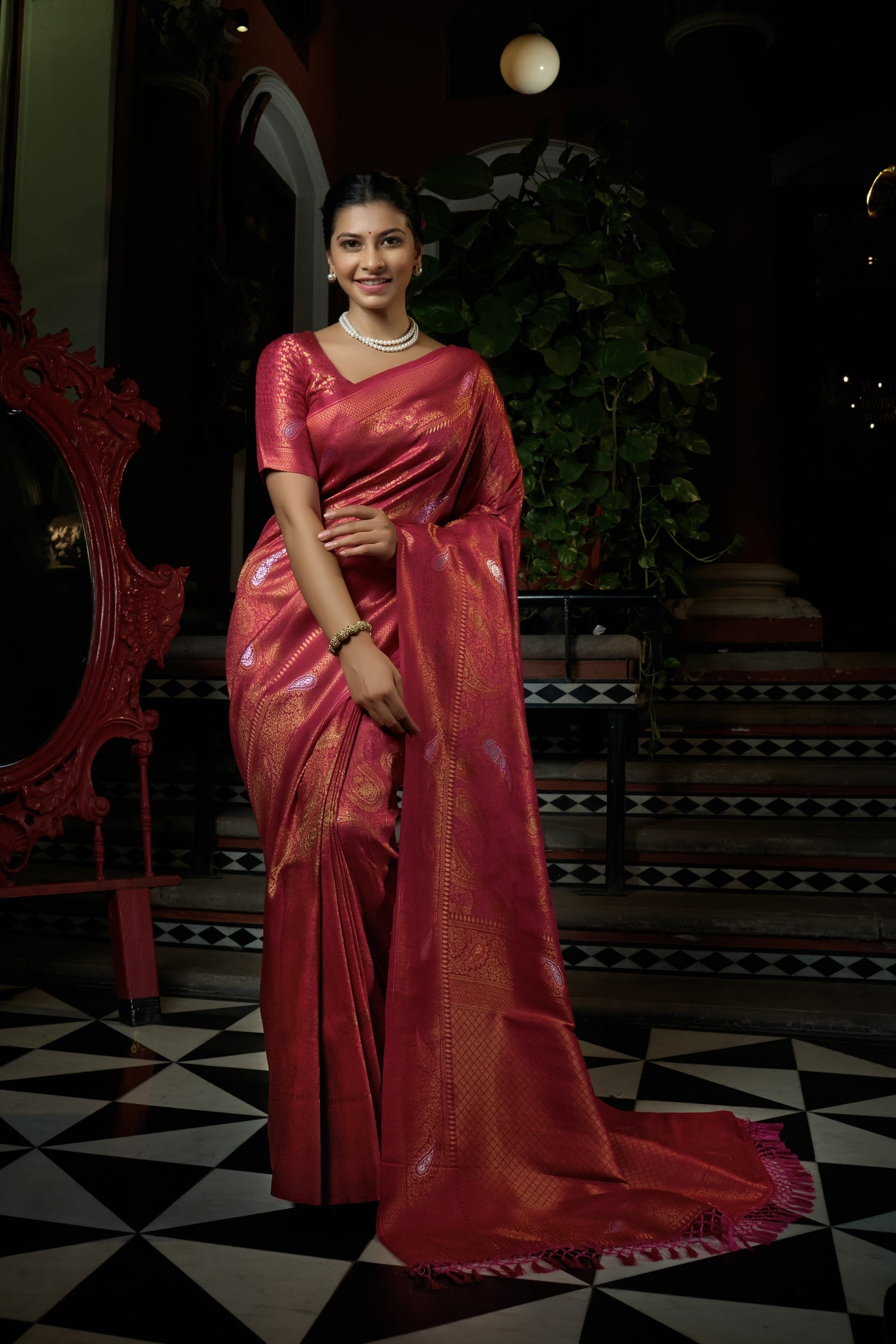Fuchsia Royal Pink Copper-Silver Zari Kanjeevaram Silk Saree | House of Vardha
