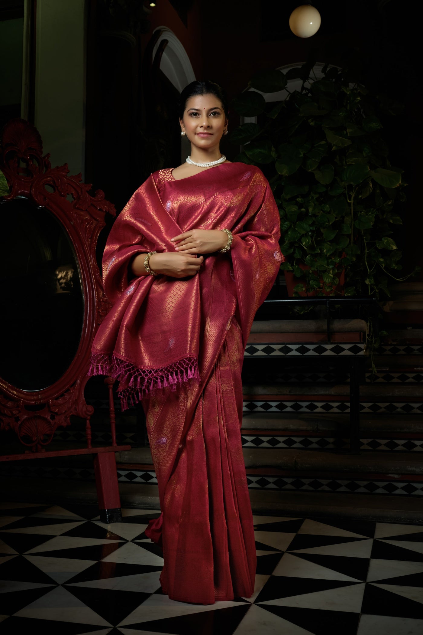 Fuchsia Royal Pink Copper-Silver Zari Kanjeevaram Silk Saree | House of Vardha