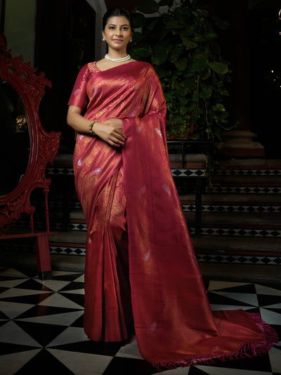 Fuchsia Royal Pink Copper-Silver Zari Kanjeevaram Silk Saree | House of Vardha