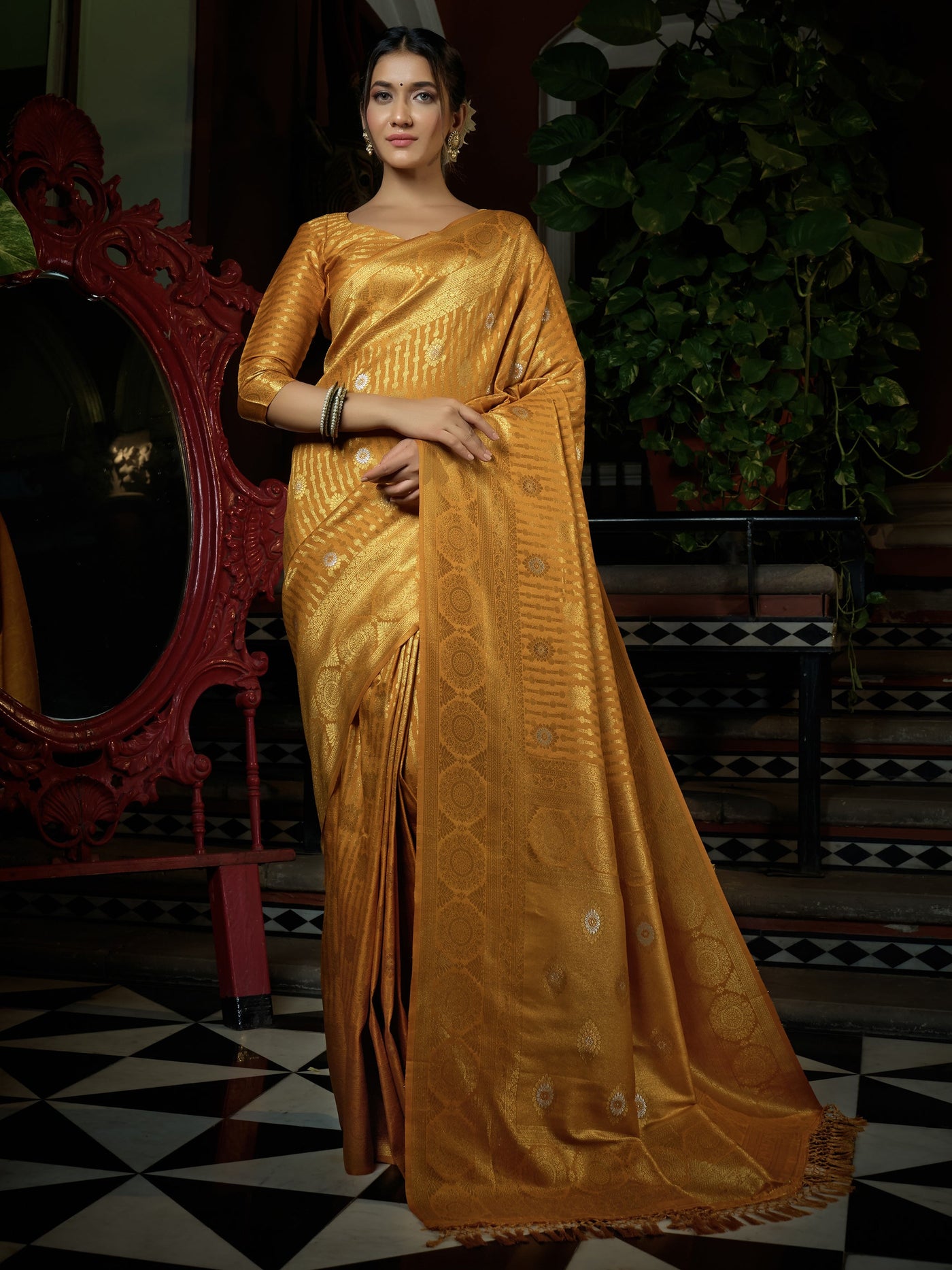Royal Mustard Yellow Copper-Silver Zari Kanjeevaram Silk Saree | House of Vardha