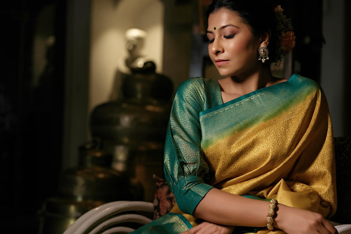 Canary Yellow Golden Zari Kanjeevaram Silk Saree - House of Vardha