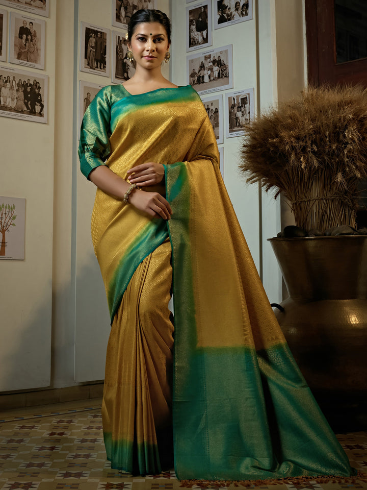 Canary Yellow Golden Zari Kanjeevaram Silk Saree - House of Vardha