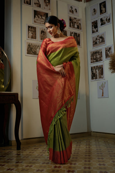 Shamrock Royal Green Golden Zari Kanjeevaram Silk Saree | House of Vardha