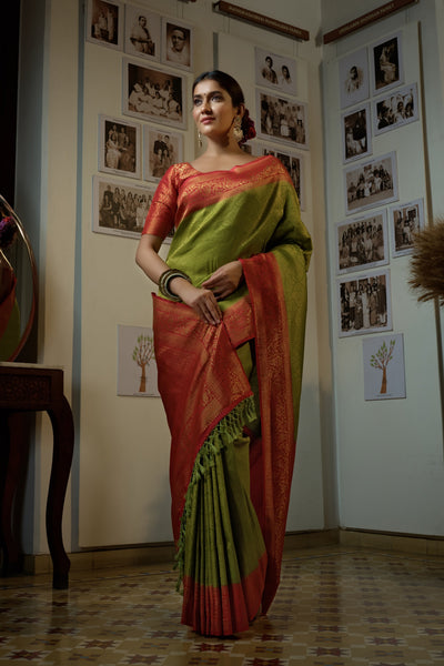 Shamrock Royal Green Golden Zari Kanjeevaram Silk Saree | House of Vardha