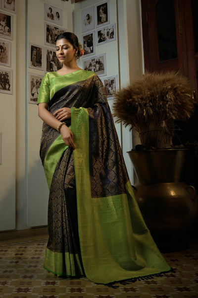 Oxford Blue Golden Zari Kanjeevaram Silk Saree