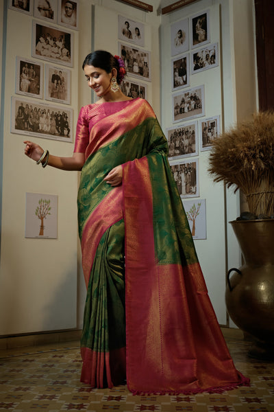 Pine Green Golden Zari Kanjeevaram Silk Saree