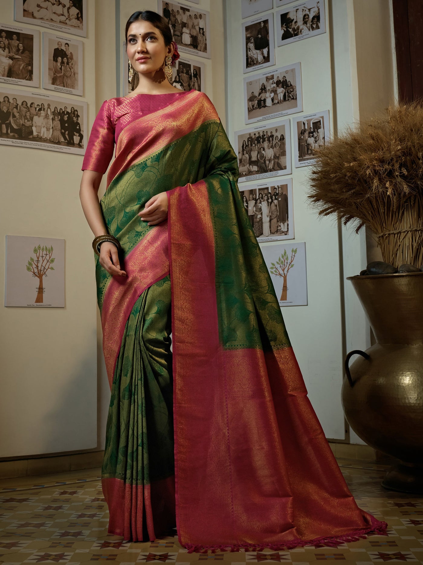 Pine Green Golden Zari Kanjeevaram Silk Saree