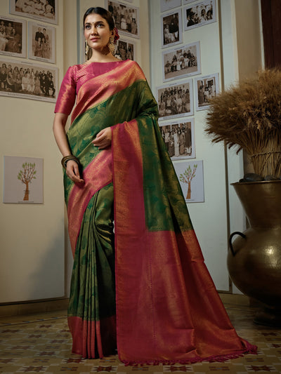 Pine Green Golden Zari Kanjeevaram Silk Saree