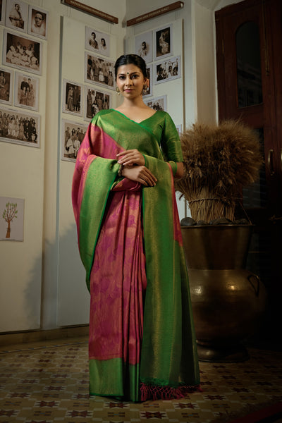 Magenta Pink Golden Zari Kanjeevaram Silk Saree