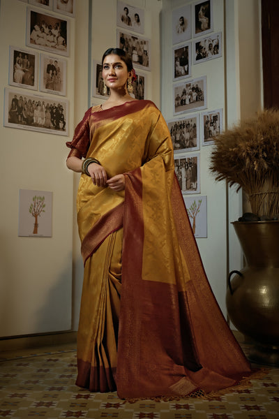Mustard Yellow Golden Zari Kanjeevaram Silk Saree