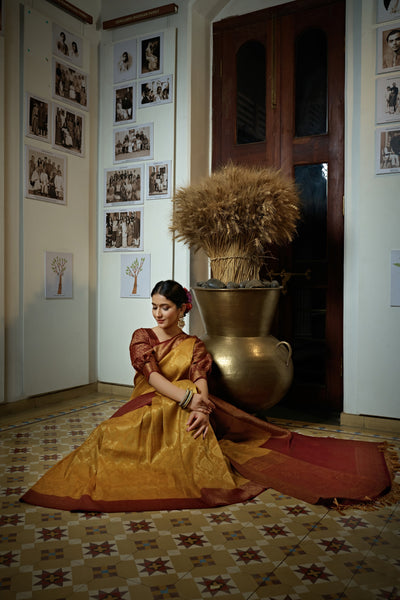 Mustard Yellow Golden Zari Kanjeevaram Silk Saree