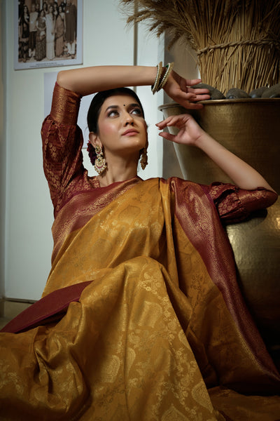 Mustard Yellow Golden Zari Kanjeevaram Silk Saree