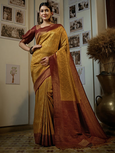 Mustard Yellow Golden Zari Kanjeevaram Silk Saree