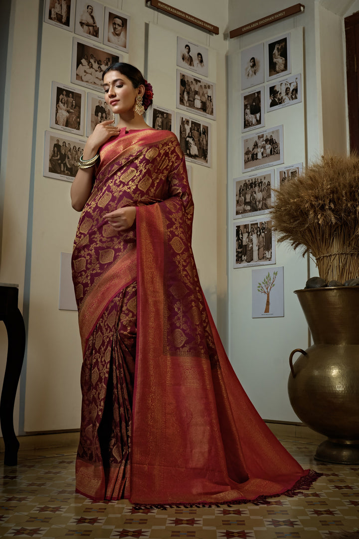 Myrtle Wine Golden Zari Kanjeevaram Silk Saree