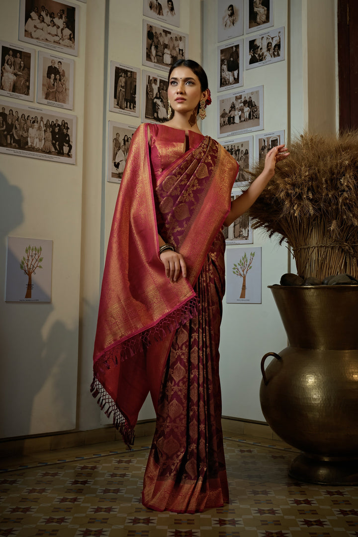 Myrtle Wine Golden Zari Kanjeevaram Silk Saree