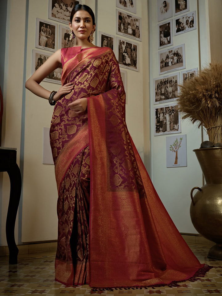 Myrtle Wine Golden Zari Kanjeevaram Silk Saree