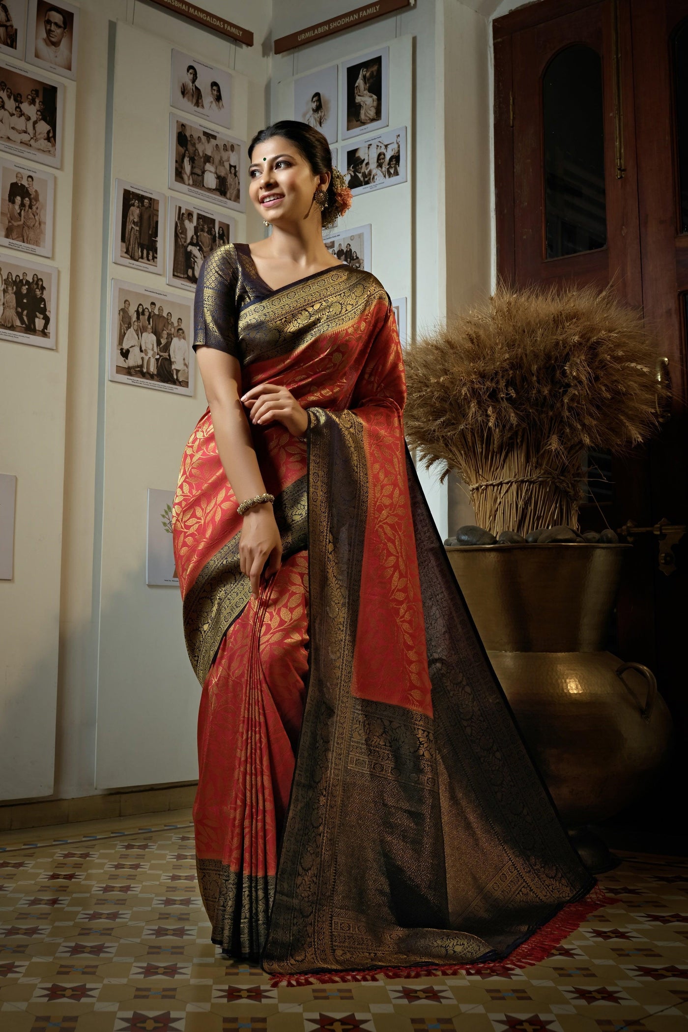 Carmine Red Golden Zari Kanjeevaram Silk Saree - House of Vardha