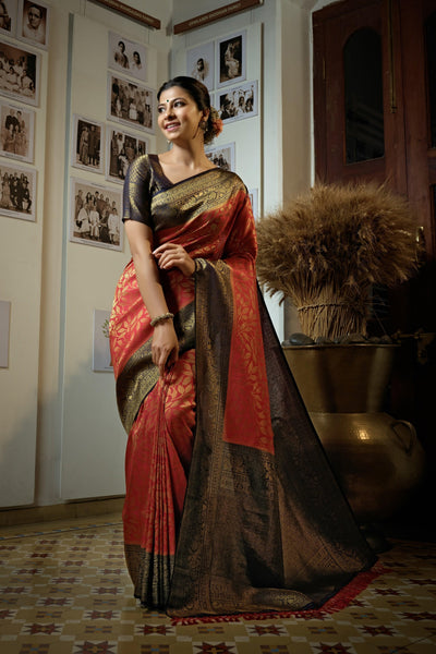 Carmine Red Golden Zari Kanjeevaram Silk Saree - House of Vardha