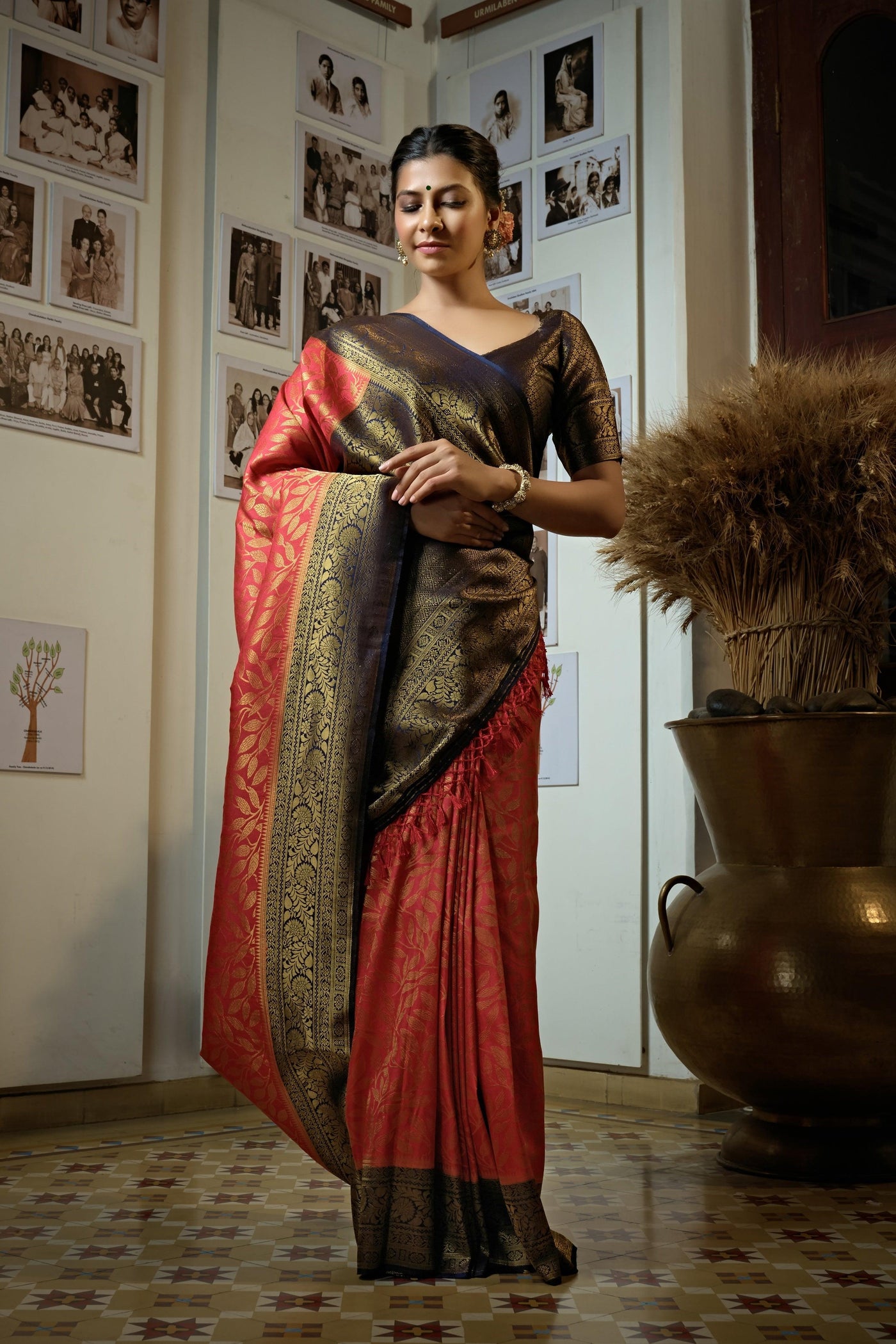 Carmine Red Golden Zari Kanjeevaram Silk Saree - House of Vardha