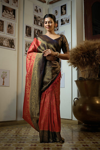 Carmine Red Golden Zari Kanjeevaram Silk Saree - House of Vardha