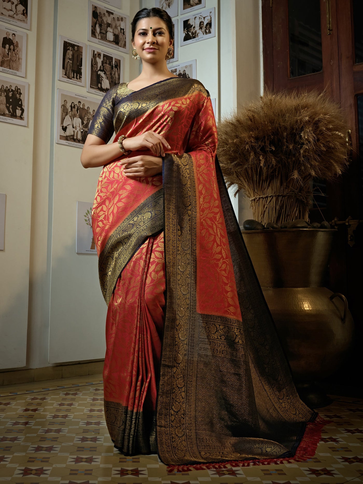 Carmine Red Golden Zari Kanjeevaram Silk Saree - House of Vardha
