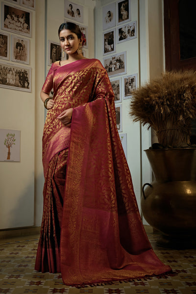 Garnet Red Golden Zari Kanjeevaram Silk Saree