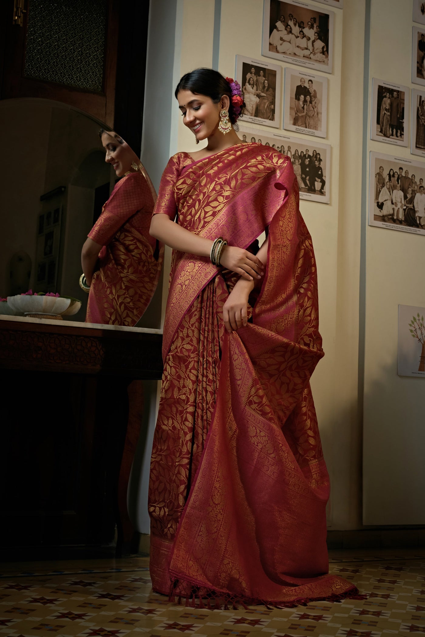 Garnet Red Golden Zari Kanjeevaram Silk Saree