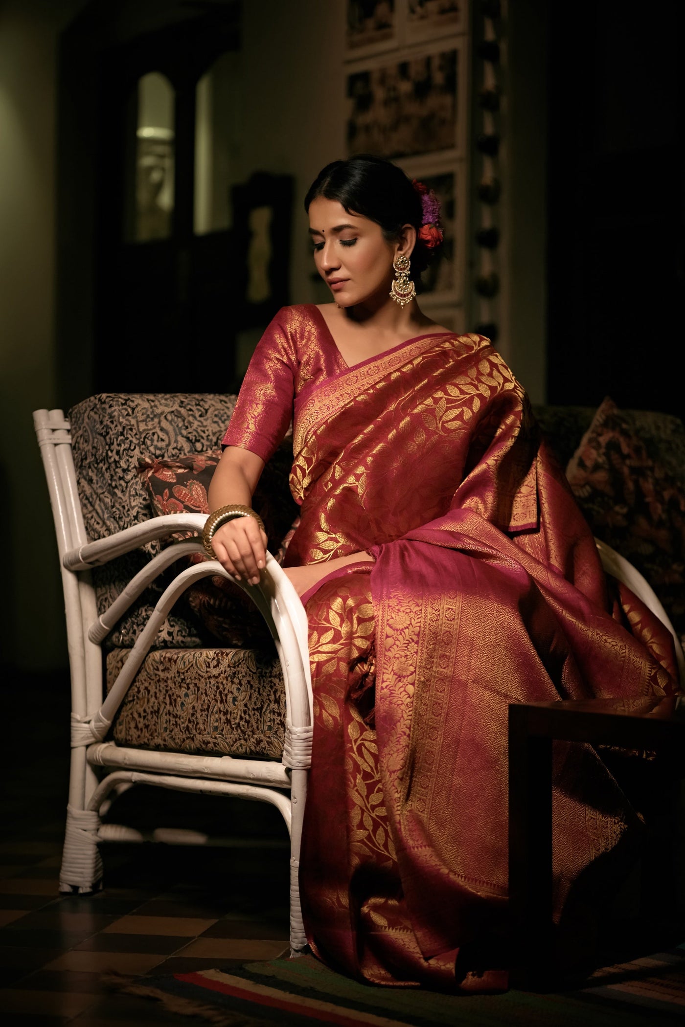 Garnet Red Golden Zari Kanjeevaram Silk Saree